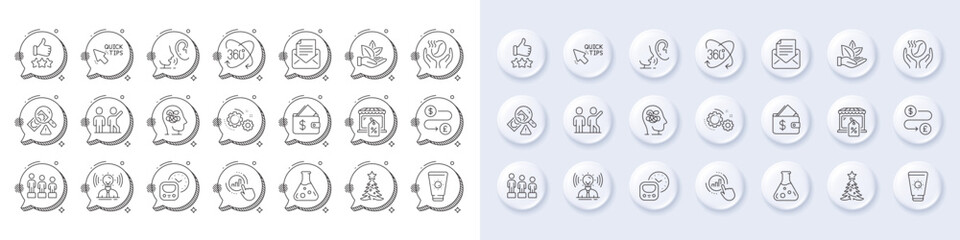 Christmas tree, Gears and Rating stars line icons. White pin 3d buttons, chat bubbles icons. Pack of Money transfer, Market sale, Teamwork icon. Whisper, Mail correspondence, Metro pictogram. Vector