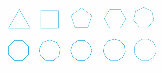 a set of regular polygons, contour shapes in blue, linear drawing, didactic materials