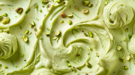 Surface of pistachio green ice cream texture background, top view.