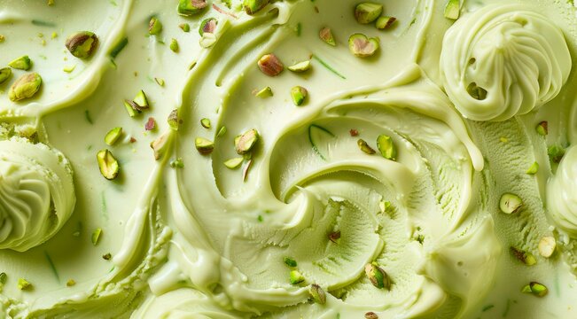 Surface of pistachio green ice cream texture background, top view.