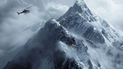 rescue helicopter over a snowy mountain