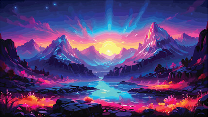 Fantasy Landscape Vector Illustration - Mountains, Forest, Lake with Colorful Glowing Light Effects.