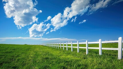 a white fence in a grassy field with a blue sky