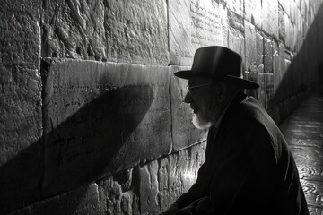 Fototapeta premium An elderly man in traditional Jewish clothing stands thoughtfully at the Western Wall in Jerusalem