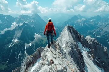 Mountain climber on an alpine ridge