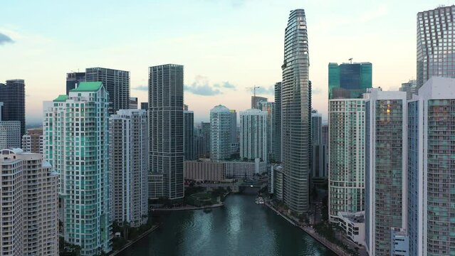 Miami River Downtown Brickell Morning Aerial Drone Flight