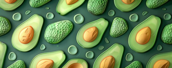 A seamless pattern of cartoon avocados on a green background.