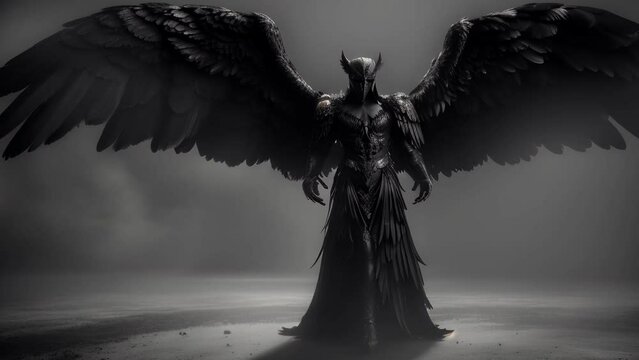 Portrait of a black fallen angel on a dark background, a suffering demon