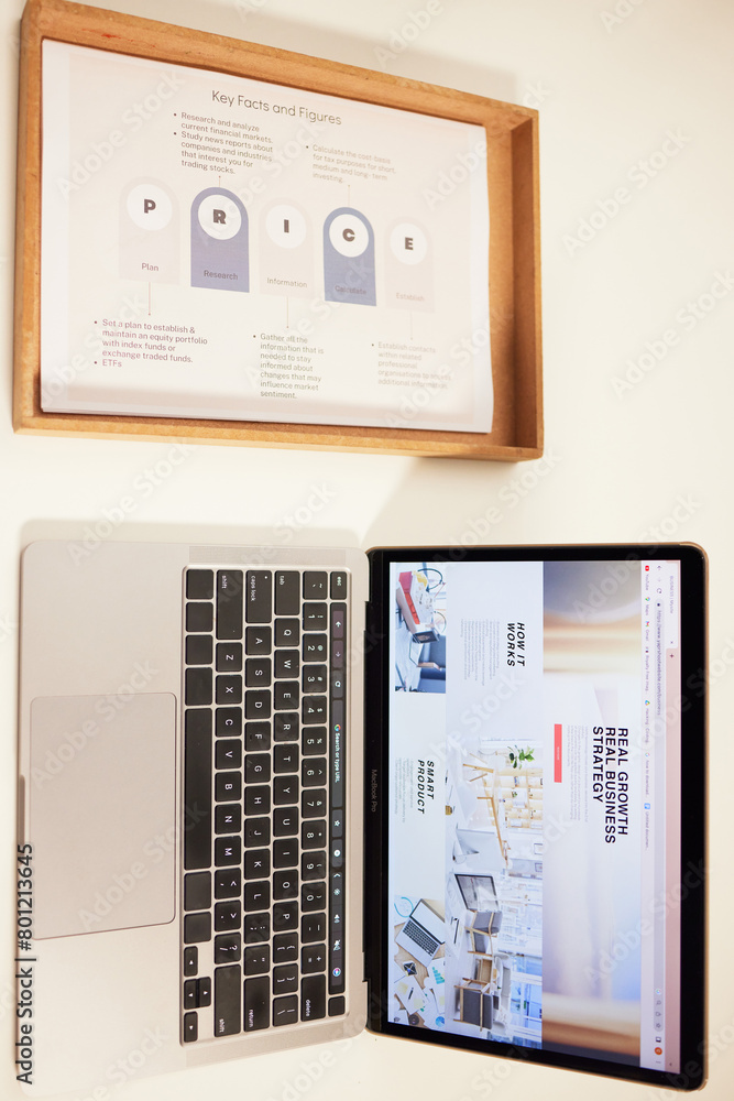 Aufkleber laptop, strategy guide and steps for planning on a desk in an office from above for business project