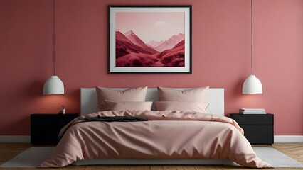 Horizontal Wall Art Mockup, Interior Design of Bedroom Pink Theme, Bedroom Wall Art Mockup