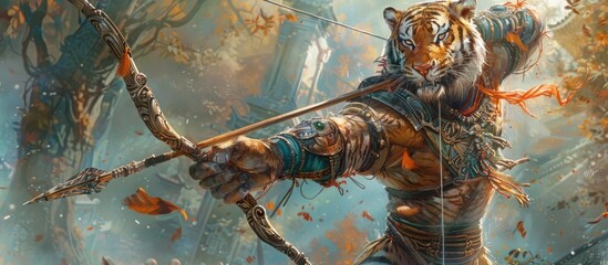 Anthropomorphic Tiger Archer in EasternInspired Armor Demonstrates Intense Focus while Drawing