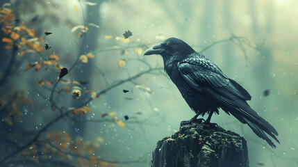 A lone crow stands on a branch in the misty woods