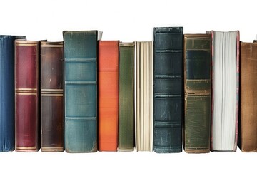 Row of books on white background, concept of studies, learning, knowledge, World Book Day.