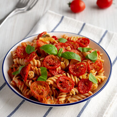 Homemade Easy Tomato Basil Pasta Bake, side view.