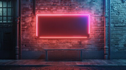Neon sign on brick wall at night. Inscription blank space