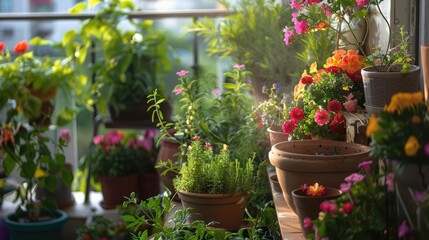 Obraz premium Terrace garden featuring a variety of flowering plants and herbs, adding beauty and fragrance to the home.