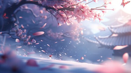Serene Spring Beauty: Pink Sakura Blossoms and Fluttering Butterflies in a Peaceful Landscape, Capturing Nature's Delicate Charm