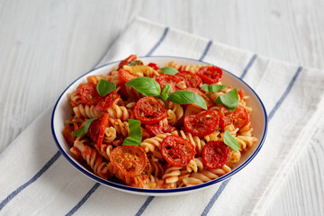Homemade Easy Tomato Basil Pasta Bake, side view.