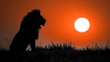 Silhouetted lion sitting on a grassy field at sunset, AI-generated.