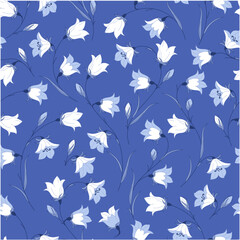 Floral seamless pattern with wildflowers. Vector seamless pattern with bluebell flowers and leaves. Botanical blue wallpaper. Floral design.