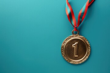 Gold medal with number 1, concept of competition, success, achievement.