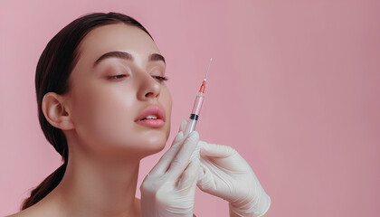 Obraz premium Young woman receiving filler injection in face against pink background Skin care concept