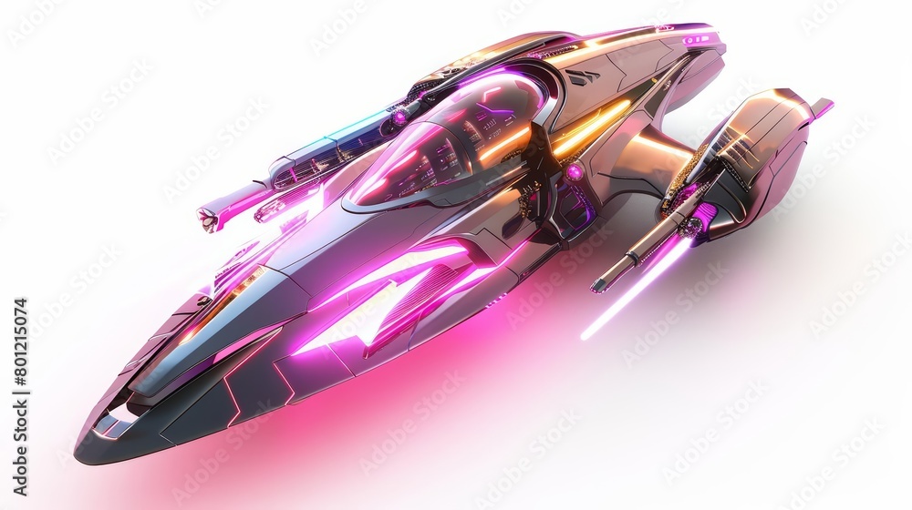 Poster render a futuristic spaceship with a sleek design. the ship should be primarily grey with pink accen