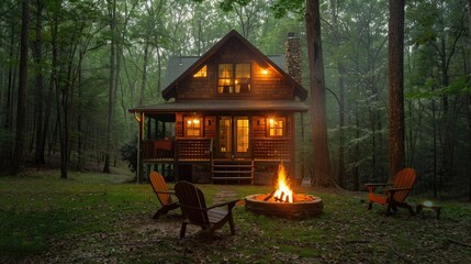 Secluded cabin in the woods with a cozy interior and outdoor fire pit, perfect for romantic getaways and retreats.