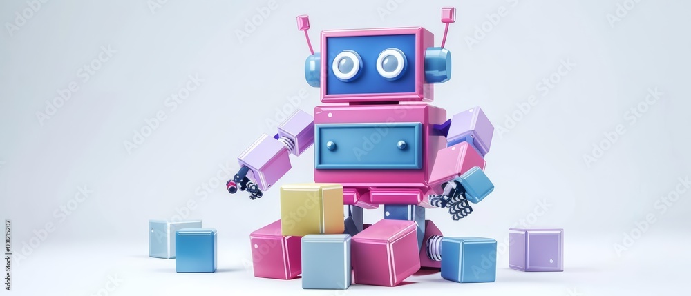 Aufkleber a pink and blue robot is playing with a set of colorful blocks. the robot is smiling and having fun.