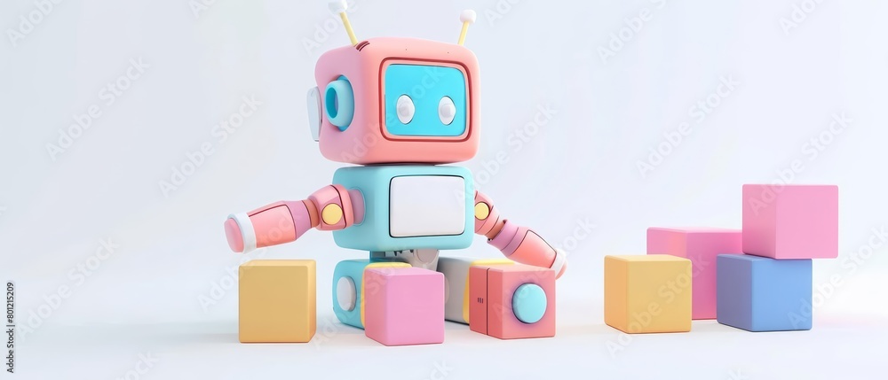 Poster a cute robot is playing with blocks
