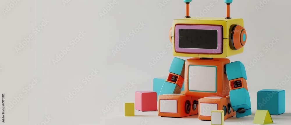 Aufkleber a robot sits on a white table. the robot is made of colorful blocks and has a friendly face. it is s