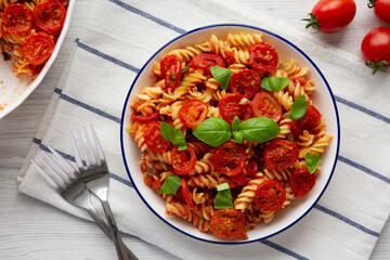 Homemade Easy Tomato Basil Pasta Bake, top view.