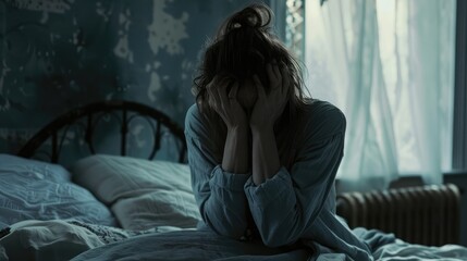 Naklejka premium Sad woman sitting on a bed with her face buried in her hands, crying silently, overwhelmed by feelings of sadness and loneliness.