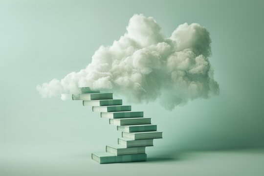 Staircase made of books with white cloud, concept of knowledge, learning.