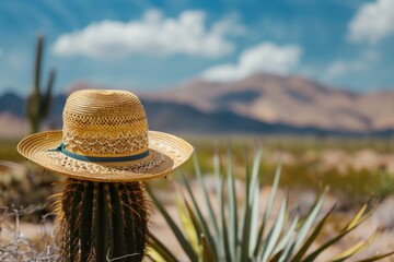 Mexican hat on cactus, desert in the background, Cinco de Mayo concept, Mexican culture.
