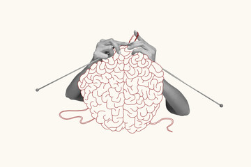 Vector illustration. Contemporary art collage. Human hands knitting brain. Growing psychological and emotional stability. Concept of psychology, inner world, mental health, feelings. Conceptual art