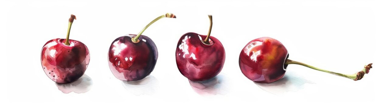 Four red cherries painted in watercolor on a white background