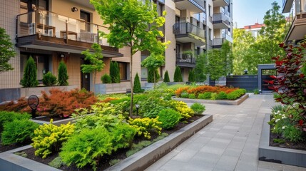 Fototapeta premium Residential building courtyard transformed into a green space with trees, shrubs, and flower beds, enhancing the community ambiance.