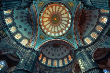View from inside the ceiling of an Arabic mosque, concept of Eid-al-Adha, Eid Mubarak, Ramadan, Feast of Sacrifice.