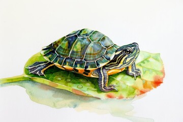 A watercolor painting of a turtle on a leaf