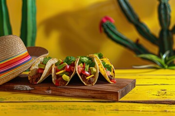 Wooden board with Mexican tacos next to a cactus and a hat, Cinco de Mayo concept, Mexican food, tradition.
