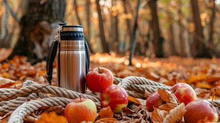 Tourists thermos metal mug rope and apples near camp 