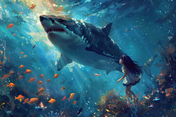 Fototapeta premium Ocean Wonder: Girl and the Great White Image of a little girl gazing at a large shark underwater