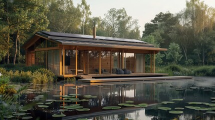 Fototapeta premium Off-grid timber house in the countryside, powered by renewable energy and blending harmoniously with the environment.