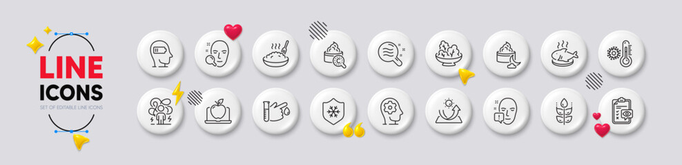Porridge, Laptop and Difficult stress line icons. White buttons 3d icons. Pack of Weariness, Face attention, Night cream icon. Blood donation, Collagen skin, Fish dish pictogram. Vector