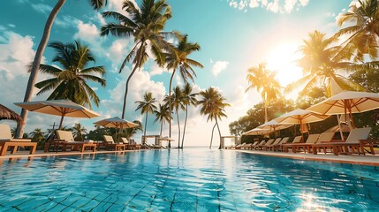 Beautiful tropical beach front hotel resort with swimming pool sun loungers and palm trees during a warm sunny day