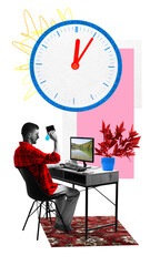 Poster. Contemporary art collage. Relaxed work environment wit productivity of conventional office. Man sits at computer and works online. Concept of work and study in distance, freelance, new normal