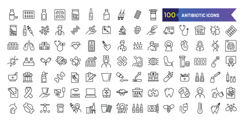 Antibiotic icons set. Outline set of antibiotic vector icons for ui design. Outline icon collection. Editable stroke.