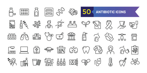 Antibiotic icons set. Outline set of antibiotic vector icons for ui design. Outline icon collection. Editable stroke.