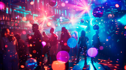 Disco party with people dancing in nightclub neon lights and mirror ball.